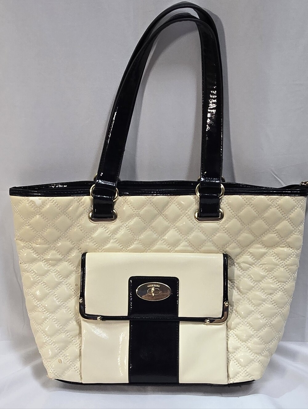 Anne Klein Cream Black Quilted Patent Tote Bag Turn Lock Pocket